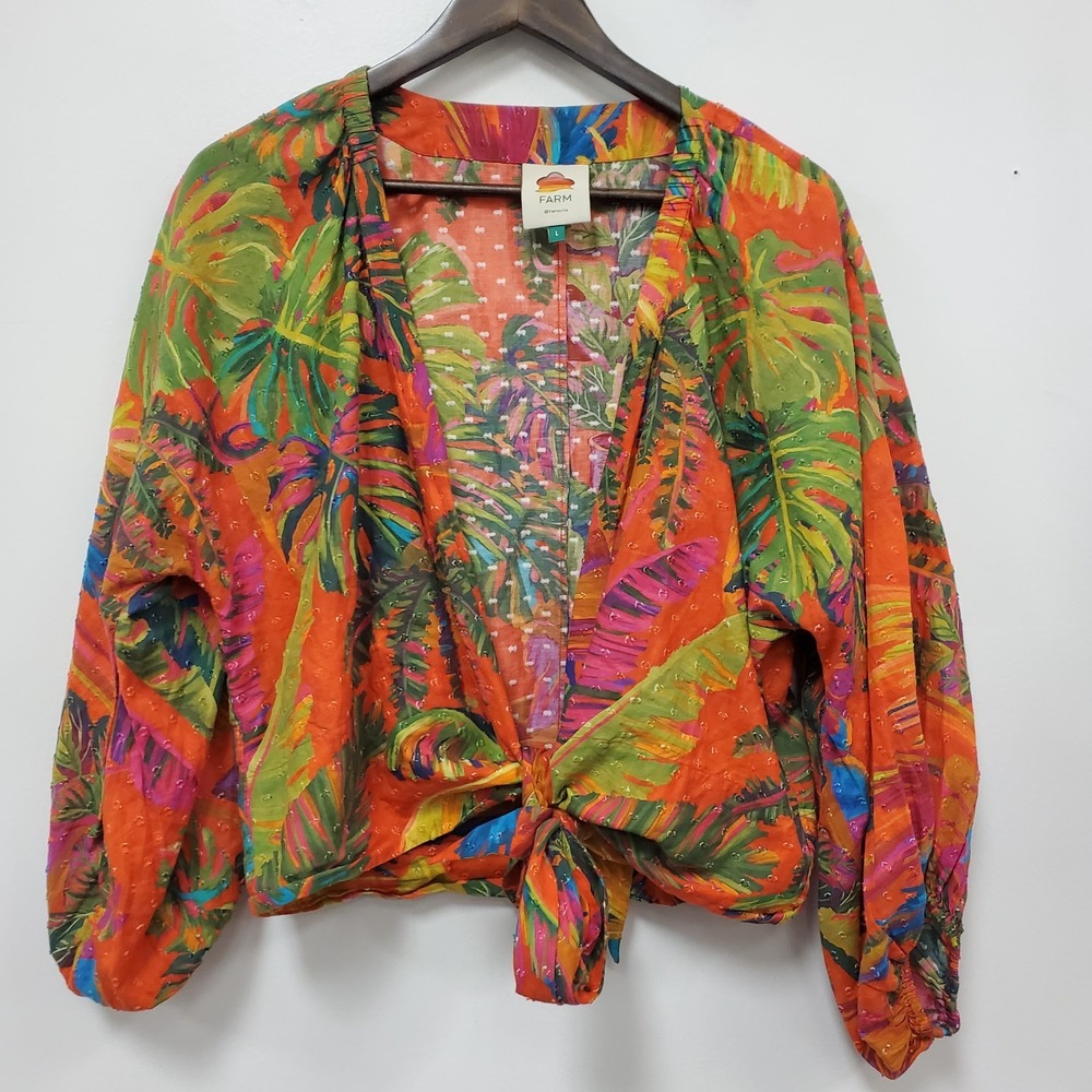 Farm Rio Womens Urban Jungle Tie Front Top Size L Multicolor Tropical Vacation